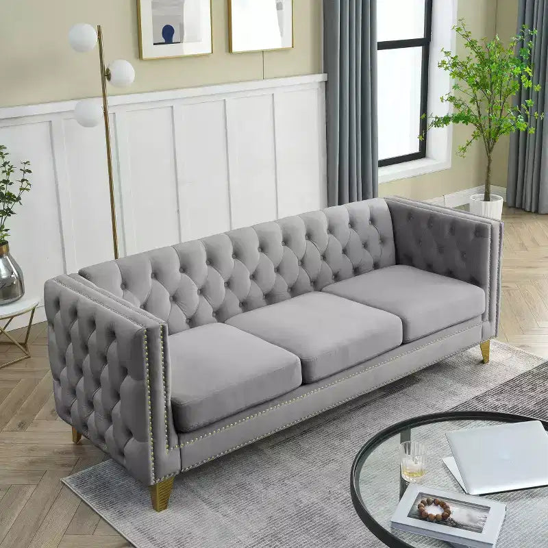 Modern Velvet Sofa with Button Tufted Square Arms and Metal Legs