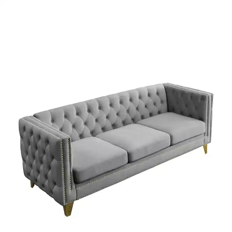 Modern Velvet Sofa with Button Tufted Square Arms and Metal Legs