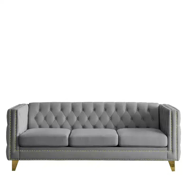 Modern Velvet Sofa with Button Tufted Square Arms and Metal Legs