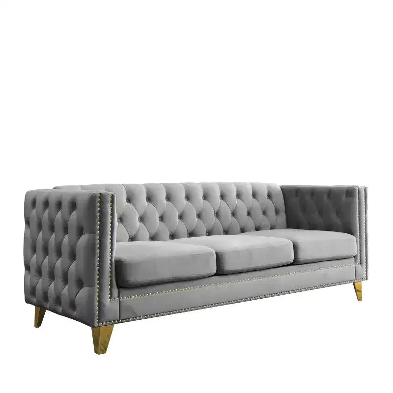 Modern Velvet Sofa with Button Tufted Square Arms and Metal Legs