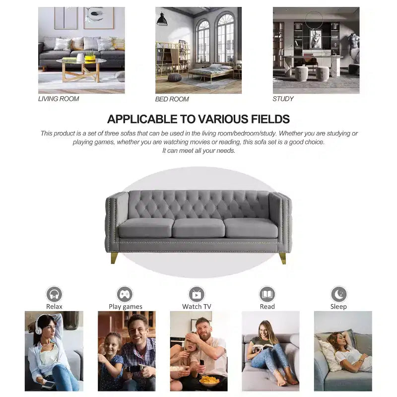 Modern Velvet Sofa with Button Tufted Square Arms and Metal Legs