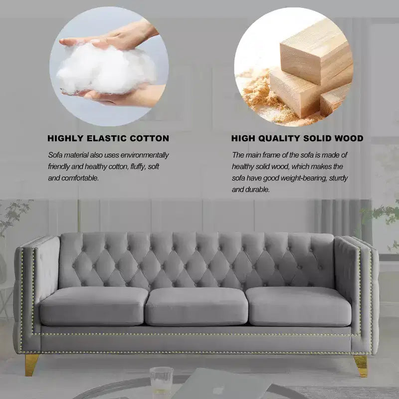 Modern Velvet Sofa with Button Tufted Square Arms and Metal Legs