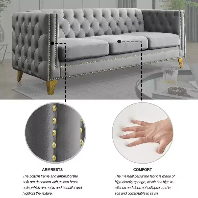 Modern Velvet Sofa with Button Tufted Square Arms and Metal Legs