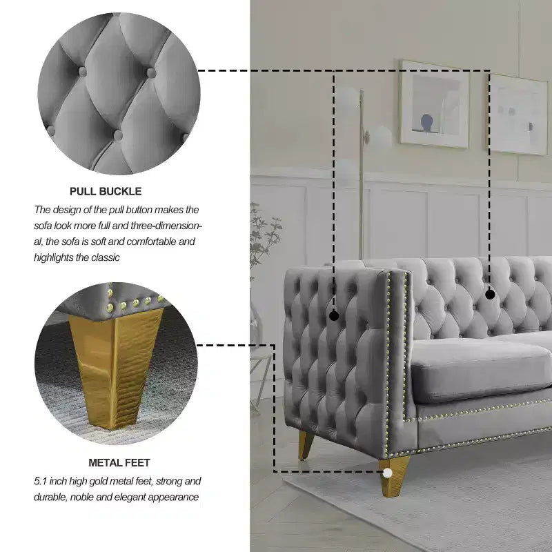 Modern Velvet Sofa with Button Tufted Square Arms and Metal Legs
