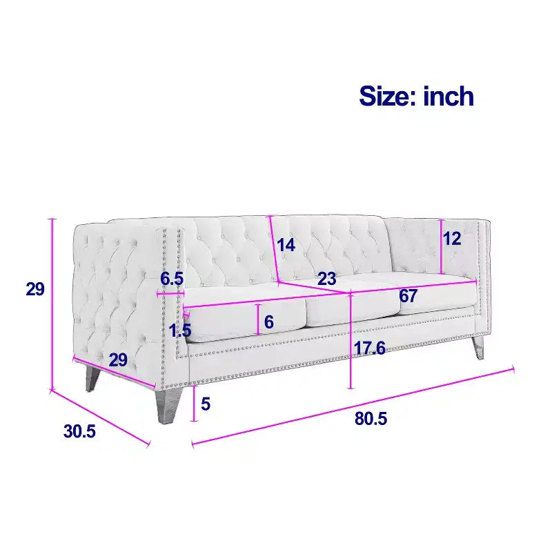 Modern Velvet Sofa with Button Tufted Square Arms and Metal Legs