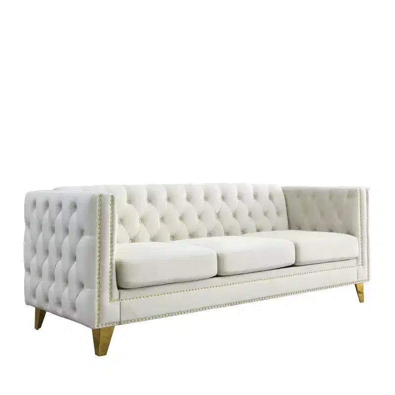 Modern Velvet Sofa with Button Tufted Square Arms and Metal Legs