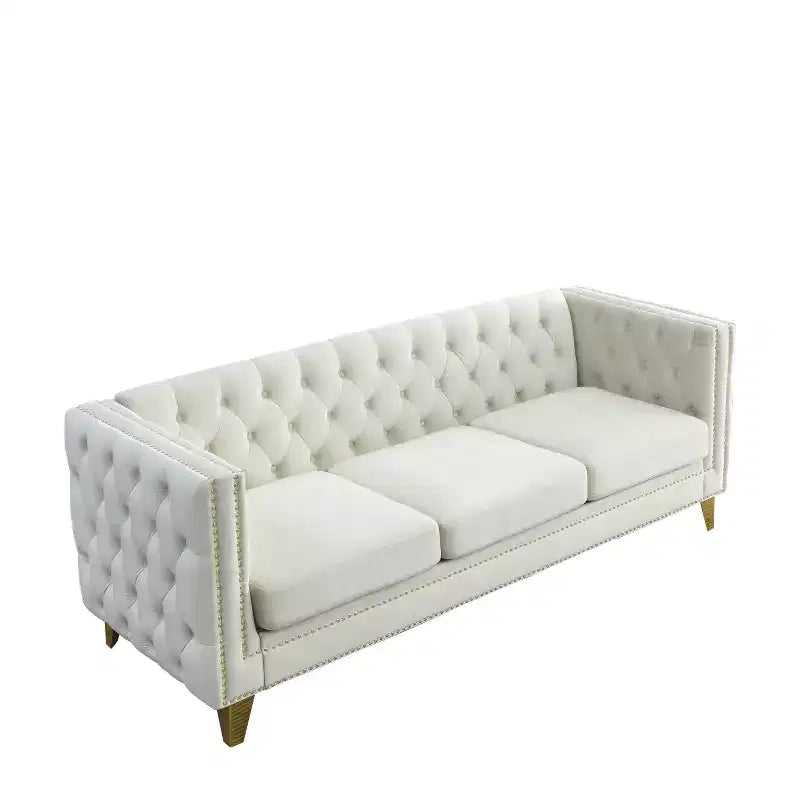 Modern Velvet Sofa with Button Tufted Square Arms and Metal Legs