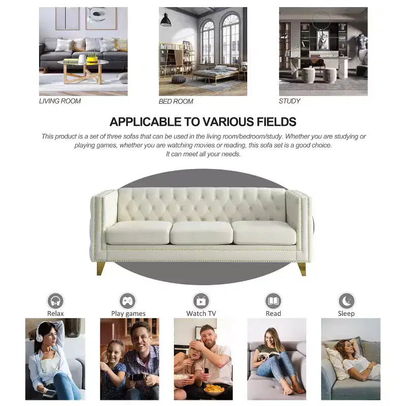 Modern Velvet Sofa with Button Tufted Square Arms and Metal Legs