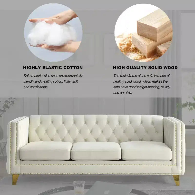 Modern Velvet Sofa with Button Tufted Square Arms and Metal Legs