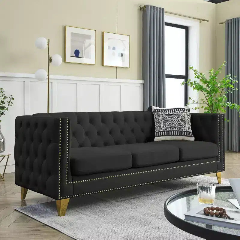 Modern Velvet Sofa with Button Tufted Square Arms and Metal Legs