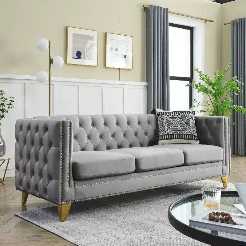 Modern Velvet Sofa with Button Tufted Square Arms and Metal Legs