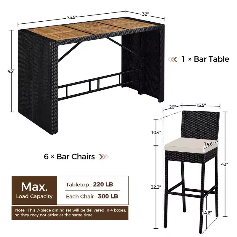 Yaheetech 7-piece Outdoor Bar Set Outdoor Bar Table and Chairs Set Black/Beige Black