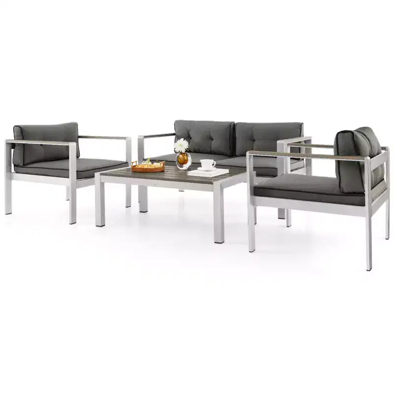Ensemble de canapé de jardin Costway 4 pièces en aluminium, avec table basse, causeuse, fauteuil rembourré et accoudoirs en WPC