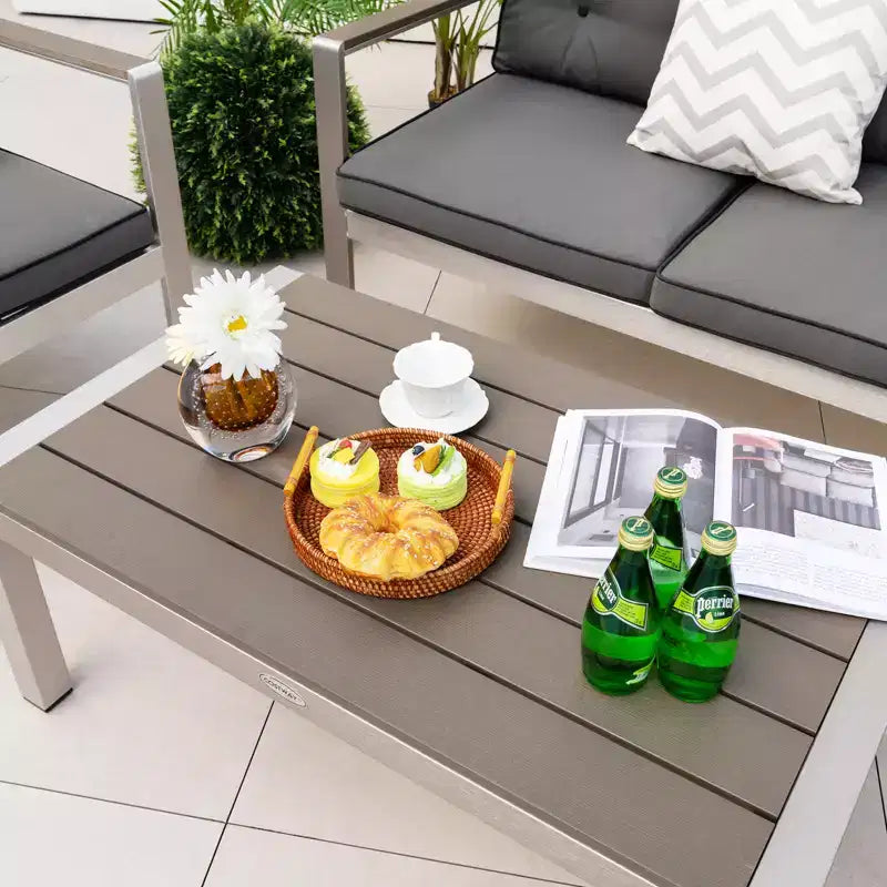 Ensemble de canapé de jardin Costway 4 pièces en aluminium, avec table basse, causeuse, fauteuil rembourré et accoudoirs en WPC