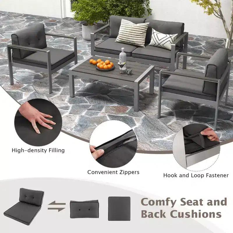 Ensemble de canapé de jardin Costway 4 pièces en aluminium, avec table basse, causeuse, fauteuil rembourré et accoudoirs en WPC