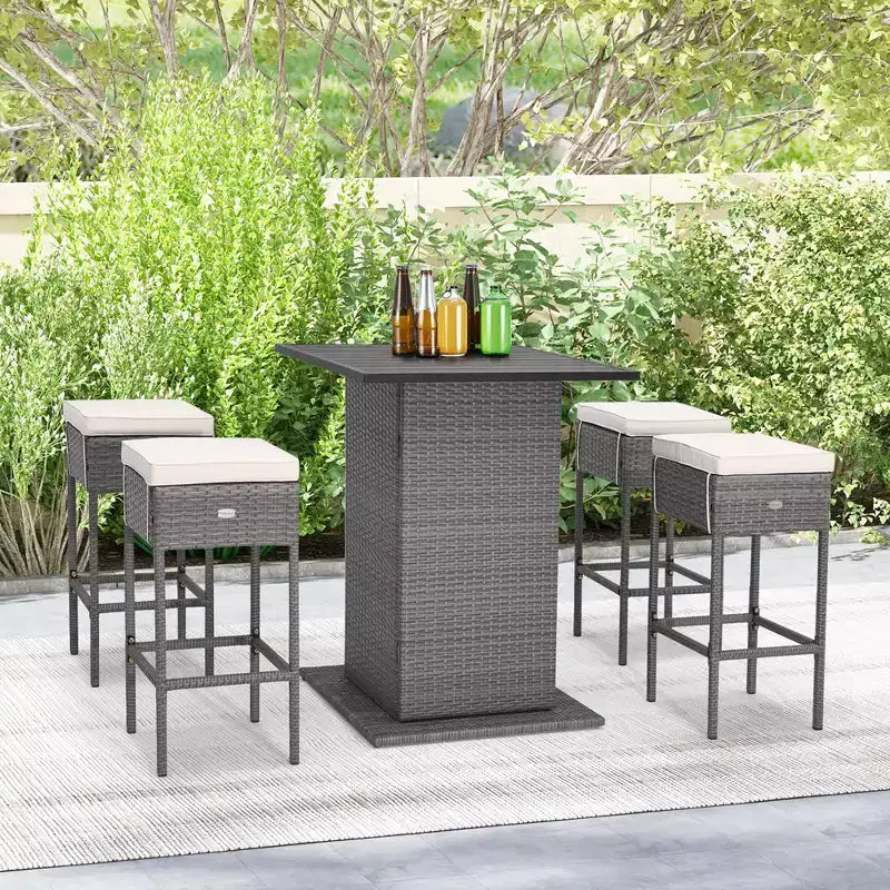 Costway conjunto de bar de mimbre para exterior de 5 PIEZAS con estantes de almacenamiento ocultos, mesa de bar y taburetes
