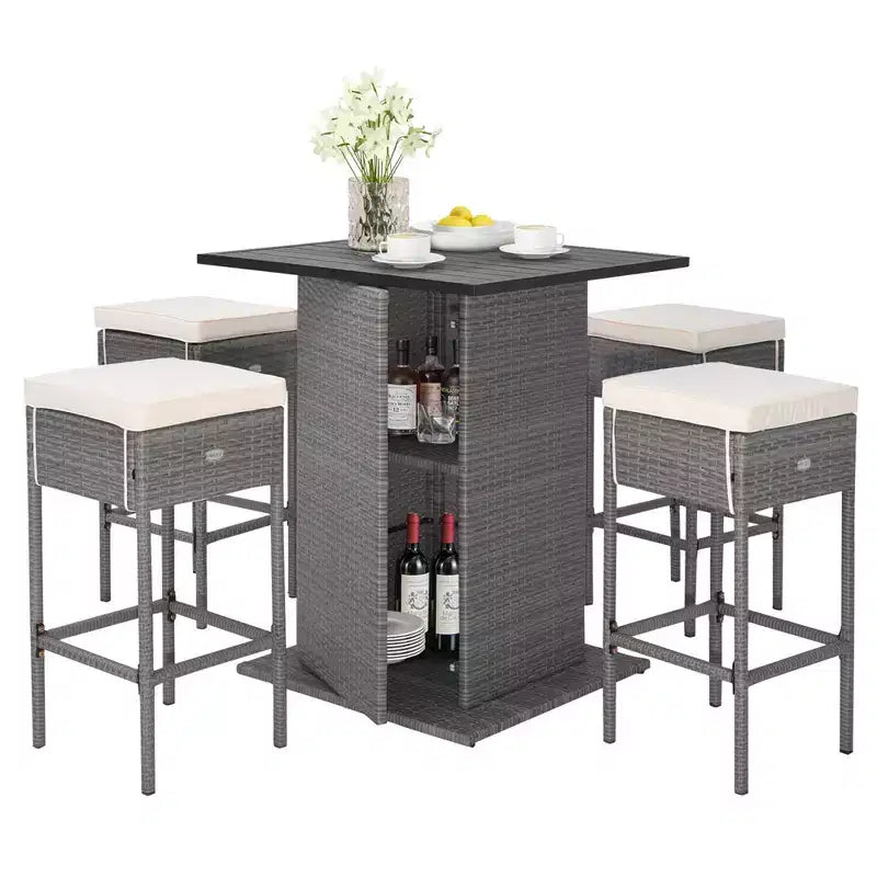 Costway conjunto de bar de mimbre para exterior de 5 PIEZAS con estantes de almacenamiento ocultos, mesa de bar y taburetes