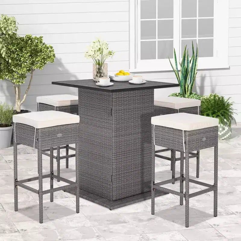 Costway conjunto de bar de mimbre para exterior de 5 PIEZAS con estantes de almacenamiento ocultos, mesa de bar y taburetes