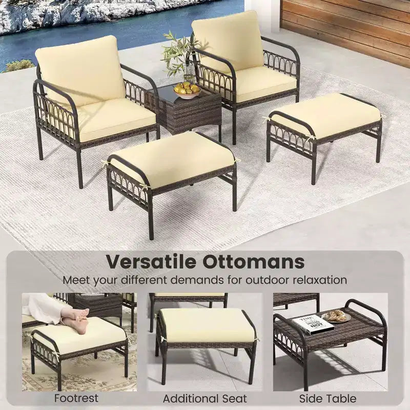 Conjunto de conversación para patio Costway de 5 piezas, conjunto de sillas de mimbre para exteriores con otomanas y mesa de centro