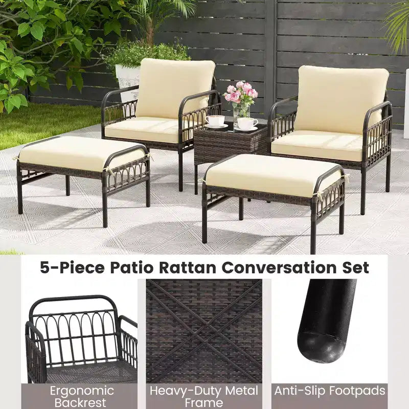 Conjunto de conversación para patio Costway de 5 piezas, conjunto de sillas de mimbre para exteriores con otomanas y mesa de centro