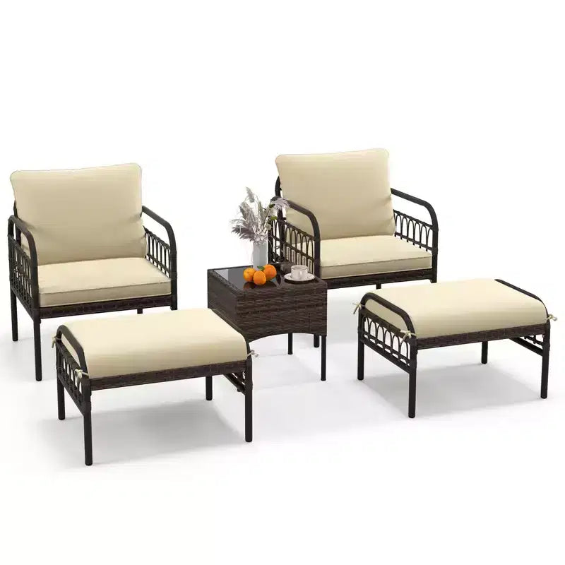 Conjunto de conversación para patio Costway de 5 piezas, conjunto de sillas de mimbre para exteriores con otomanas y mesa de centro