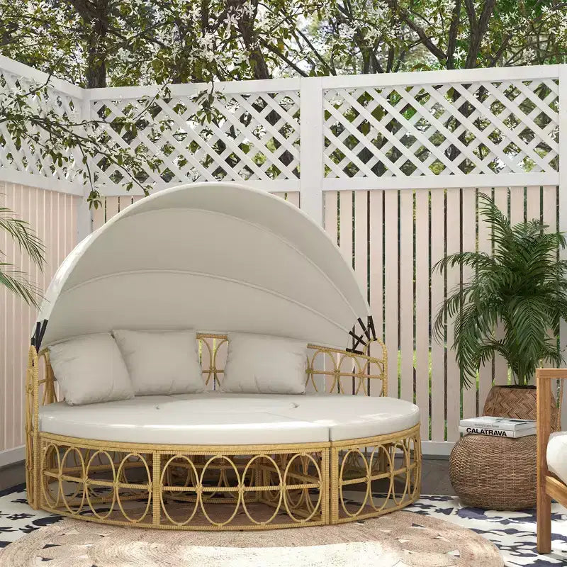 Cama de día redonda para exterior de 4 piezas Outsunny con dosel, conjunto de muebles de patio de ratán de PE con cojines, blanco crema