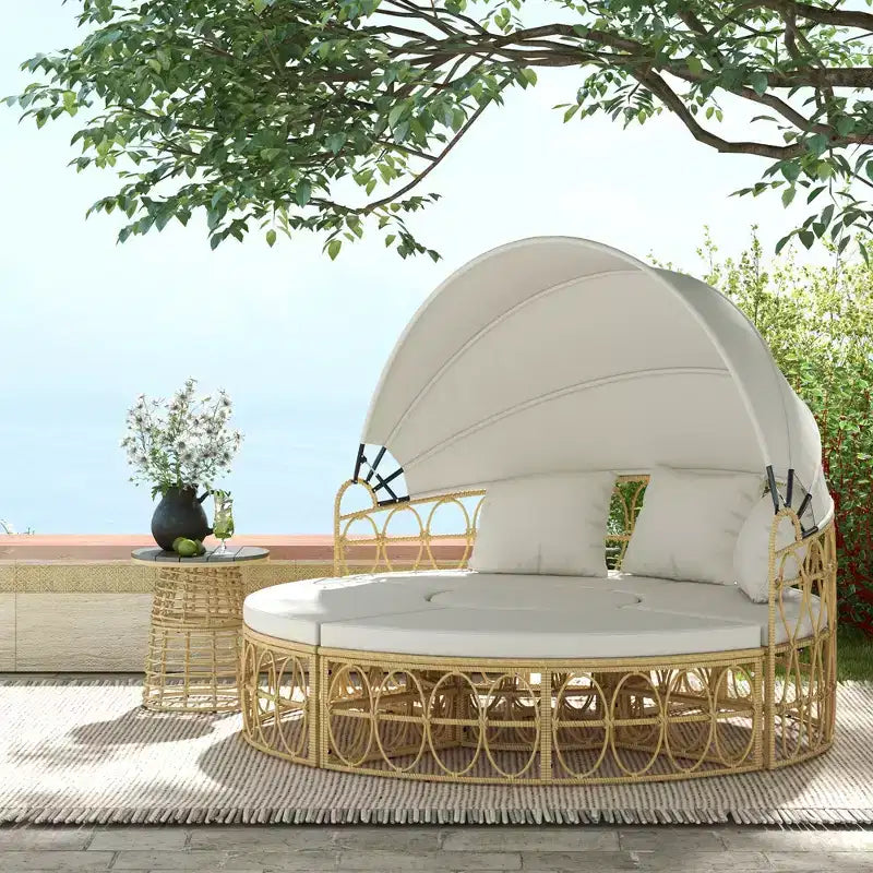 Cama de día redonda para exterior de 4 piezas Outsunny con dosel, conjunto de muebles de patio de ratán de PE con cojines, blanco crema