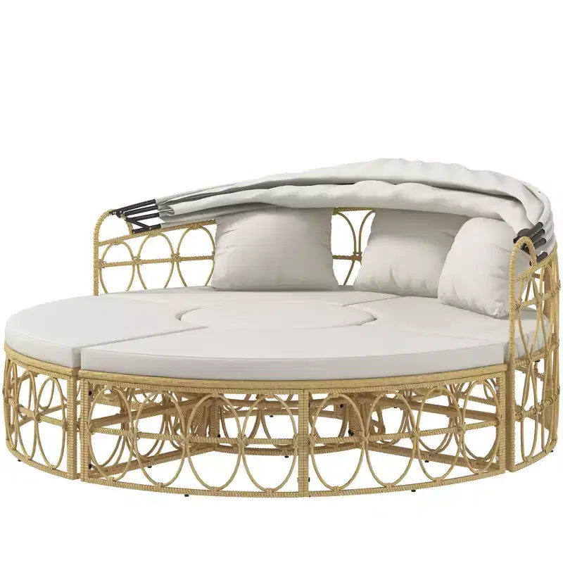 Cama de día redonda para exterior de 4 piezas Outsunny con dosel, conjunto de muebles de patio de ratán de PE con cojines, blanco crema