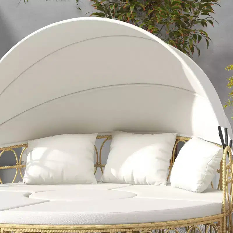 Cama de día redonda para exterior de 4 piezas Outsunny con dosel, conjunto de muebles de patio de ratán de PE con cojines, blanco crema