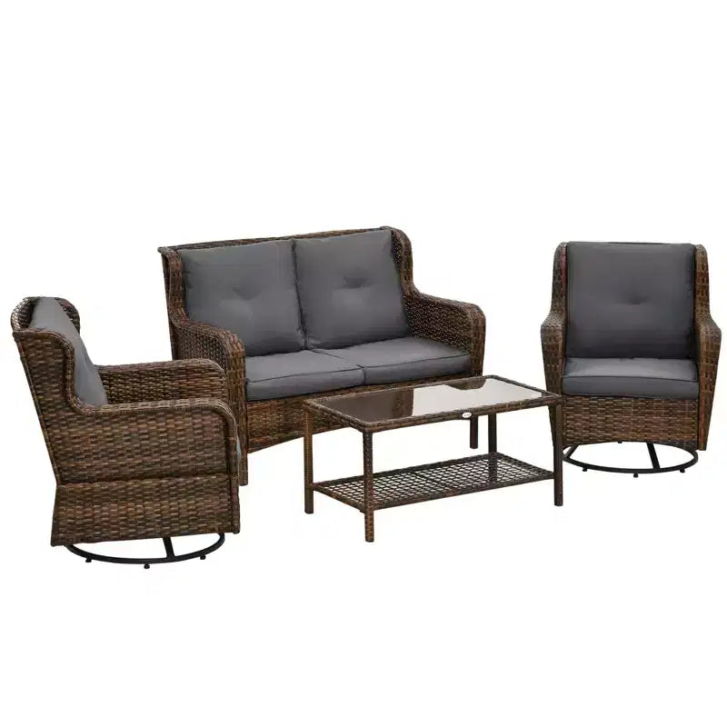 Outsunny conjunto de muebles de patio, muebles de exterior de ratán de PE de 4 piezas con 2 sillas giratorias mecedoras, mesa de vidrio de 2 niveles y sofá biplaza
