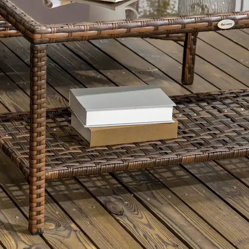 Outsunny conjunto de muebles de patio, muebles de exterior de ratán de PE de 4 piezas con 2 sillas giratorias mecedoras, mesa de vidrio de 2 niveles y sofá biplaza
