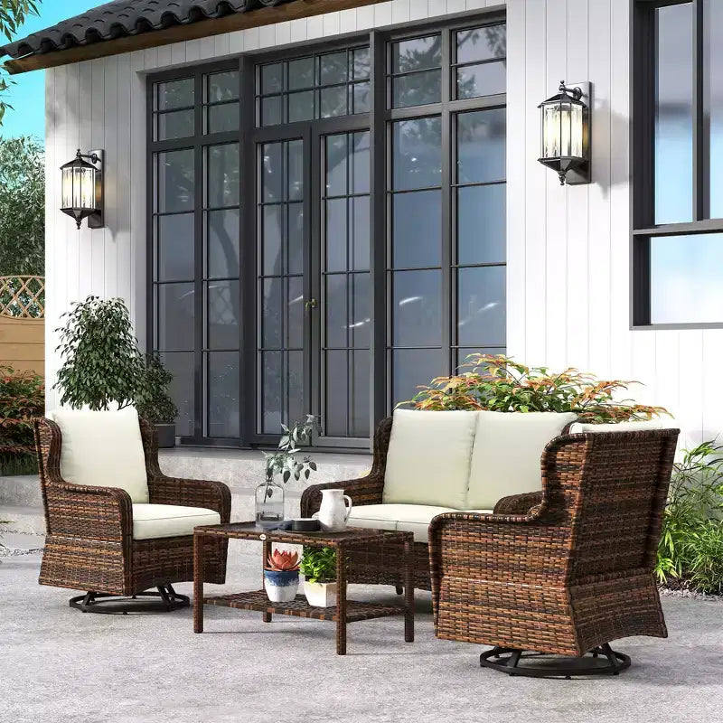 Outsunny conjunto de muebles de patio, muebles de exterior de ratán de PE de 4 piezas con 2 sillas giratorias mecedoras, mesa de vidrio de 2 niveles y sofá biplaza