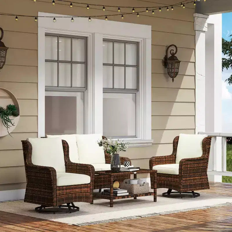 Outsunny conjunto de muebles de patio, muebles de exterior de ratán de PE de 4 piezas con 2 sillas giratorias mecedoras, mesa de vidrio de 2 niveles y sofá biplaza
