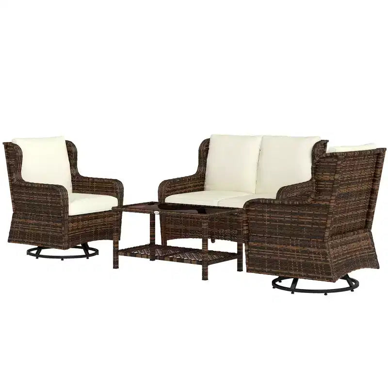 Outsunny conjunto de muebles de patio, muebles de exterior de ratán de PE de 4 piezas con 2 sillas giratorias mecedoras, mesa de vidrio de 2 niveles y sofá biplaza