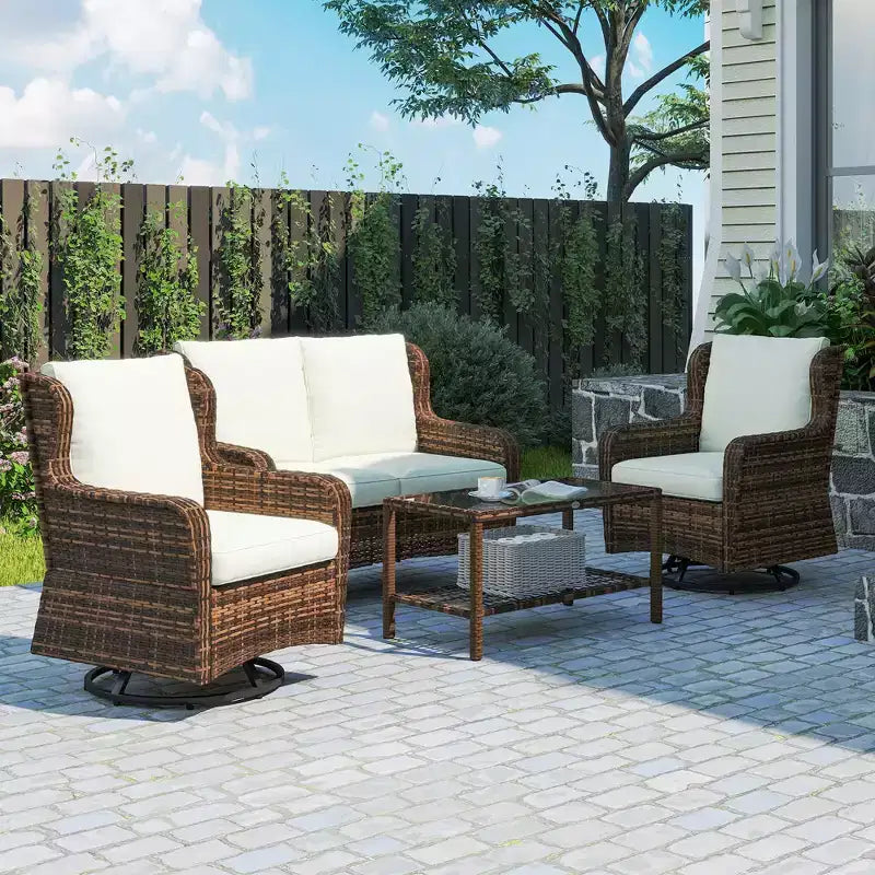 Outsunny conjunto de muebles de patio, muebles de exterior de ratán de PE de 4 piezas con 2 sillas giratorias mecedoras, mesa de vidrio de 2 niveles y sofá biplaza