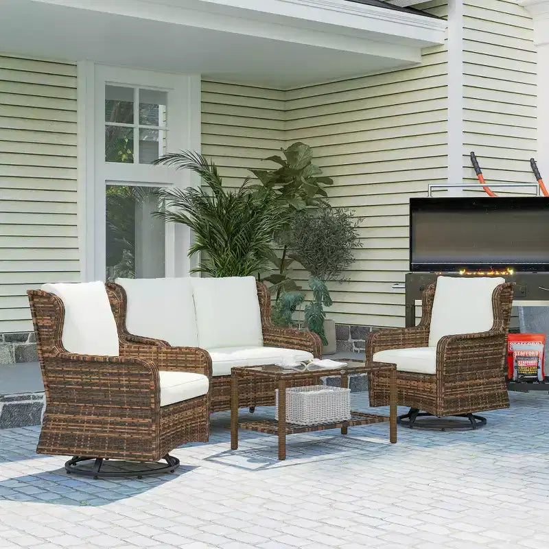 Outsunny conjunto de muebles de patio, muebles de exterior de ratán de PE de 4 piezas con 2 sillas giratorias mecedoras, mesa de vidrio de 2 niveles y sofá biplaza