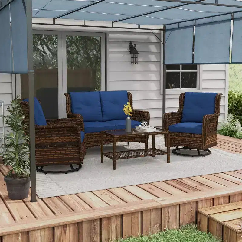 Outsunny conjunto de muebles de patio, muebles de exterior de ratán de PE de 4 piezas con 2 sillas giratorias mecedoras, mesa de vidrio de 2 niveles y sofá biplaza