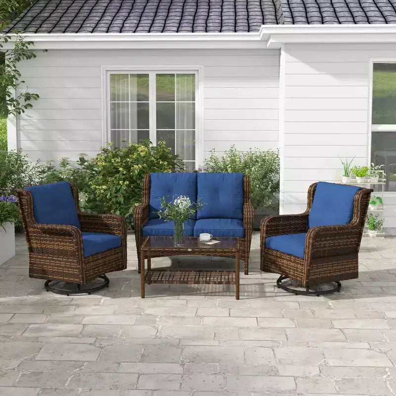 Outsunny conjunto de muebles de patio, muebles de exterior de ratán de PE de 4 piezas con 2 sillas giratorias mecedoras, mesa de vidrio de 2 niveles y sofá biplaza