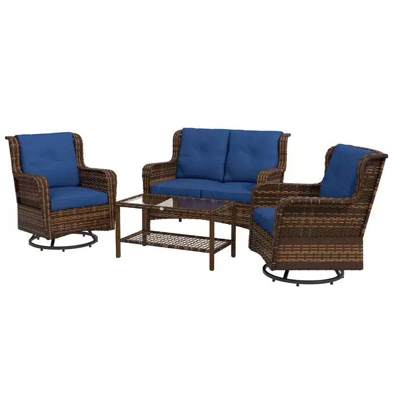 Outsunny conjunto de muebles de patio, muebles de exterior de ratán de PE de 4 piezas con 2 sillas giratorias mecedoras, mesa de vidrio de 2 niveles y sofá biplaza