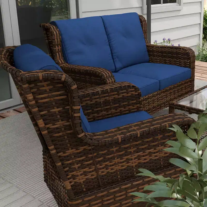 Outsunny conjunto de muebles de patio, muebles de exterior de ratán de PE de 4 piezas con 2 sillas giratorias mecedoras, mesa de vidrio de 2 niveles y sofá biplaza
