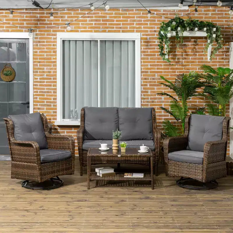 Outsunny conjunto de muebles de patio, muebles de exterior de ratán de PE de 4 piezas con 2 sillas giratorias mecedoras, mesa de vidrio de 2 niveles y sofá biplaza