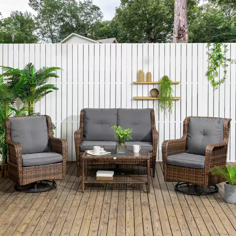Outsunny conjunto de muebles de patio, muebles de exterior de ratán de PE de 4 piezas con 2 sillas giratorias mecedoras, mesa de vidrio de 2 niveles y sofá biplaza