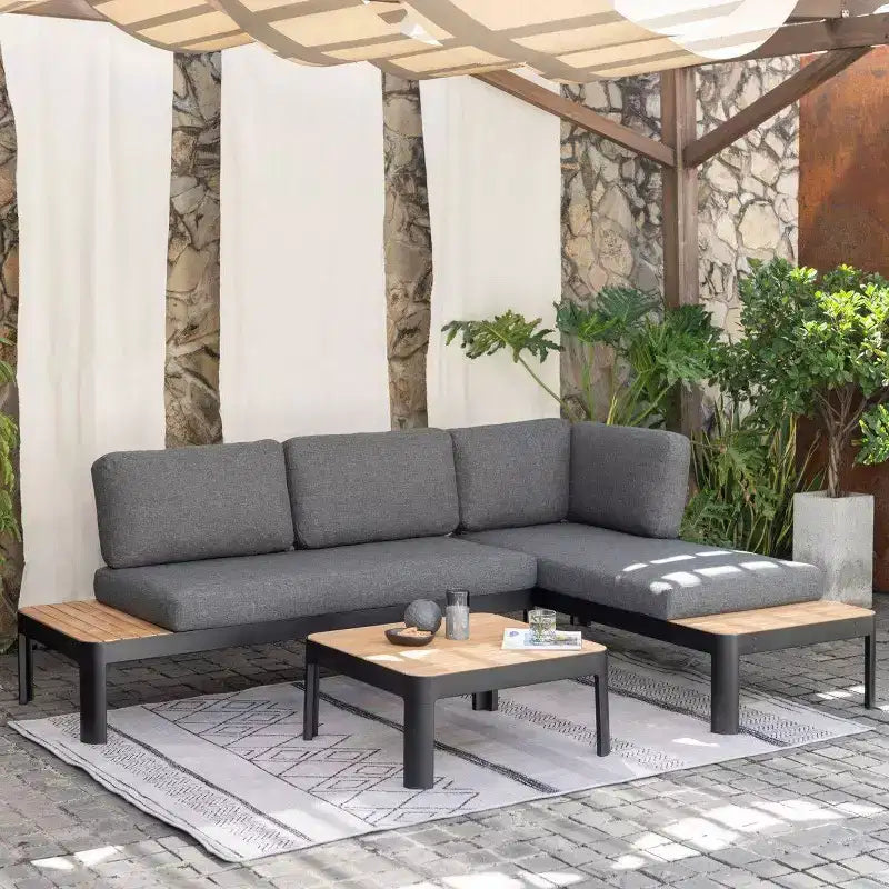 Conjunto de conversación para patio de exterior Amazonia Vista, de 3 piezas, de teca y aluminio fundido