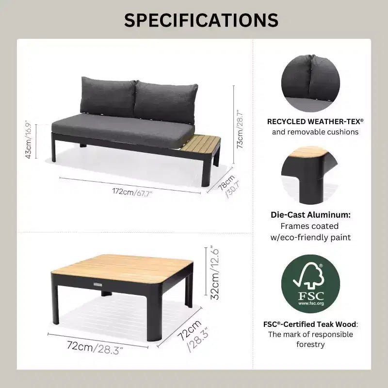 Conjunto de conversación para patio de exterior Amazonia Vista, de 3 piezas, de teca y aluminio fundido