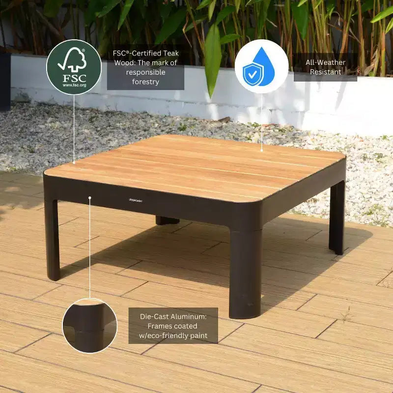 Conjunto de conversación para patio de exterior Amazonia Vista, de 3 piezas, de teca y aluminio fundido