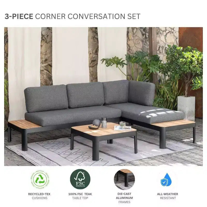 Conjunto de conversación para patio de exterior Amazonia Vista, de 3 piezas, de teca y aluminio fundido
