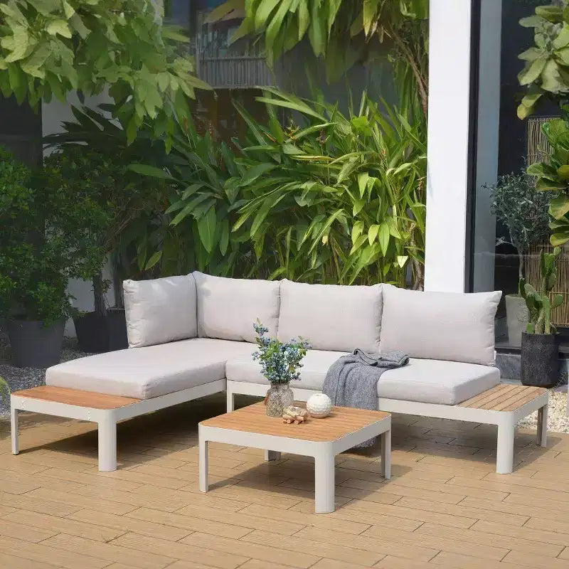 Conjunto de conversación para patio de exterior Amazonia Vista, de 3 piezas, de teca y aluminio fundido