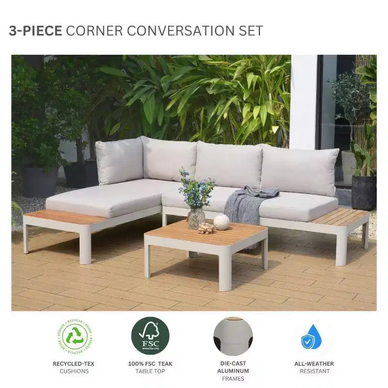 Conjunto de conversación para patio de exterior Amazonia Vista, de 3 piezas, de teca y aluminio fundido