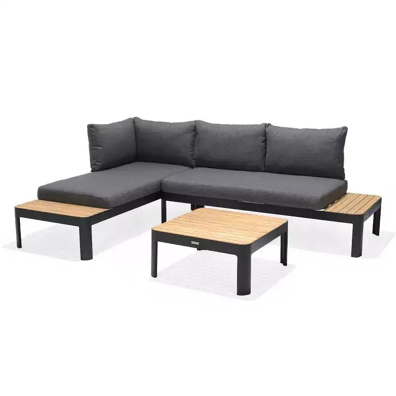 Amazonia 3-teiliges Vista-Patio-Sitzset für draußen aus Teakholz und Aluminiumguss