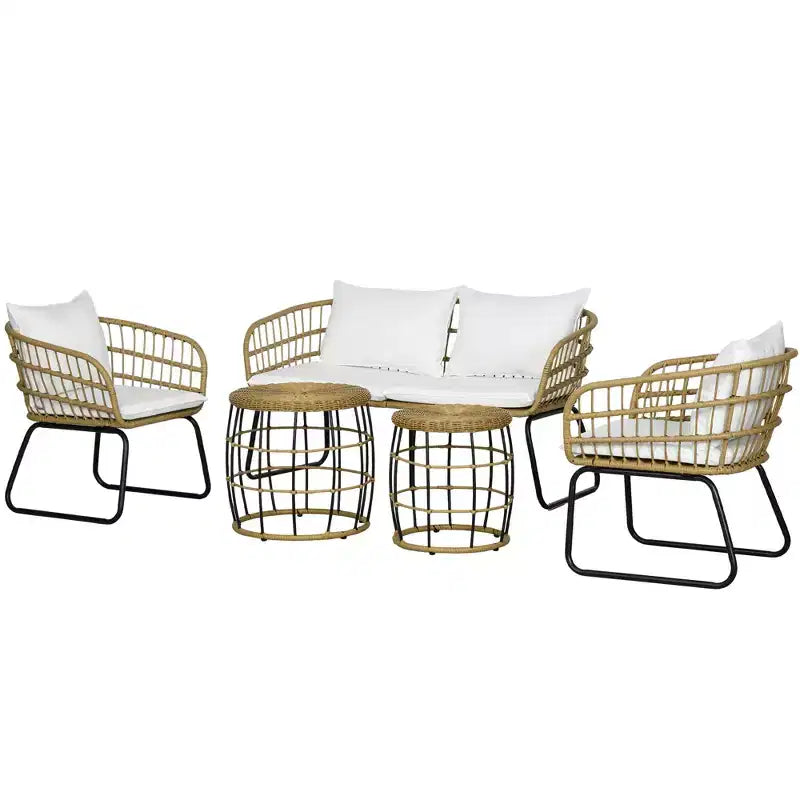 Outsunny 5 Piece PE Rattan Outdoor Furniture Set with Cushioned Chairs, Loveseat Sofa & Stackable Coffee Tables